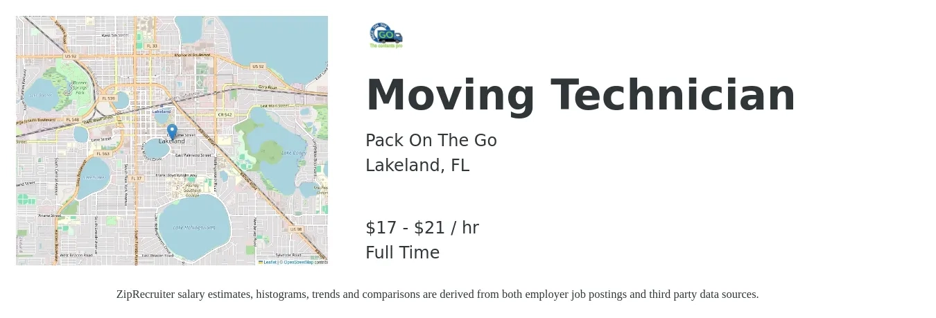 Pack On The Go job posting for a Moving Technician in Lakeland, FL with a salary of $18 to $22 Hourly with a map of Lakeland location.