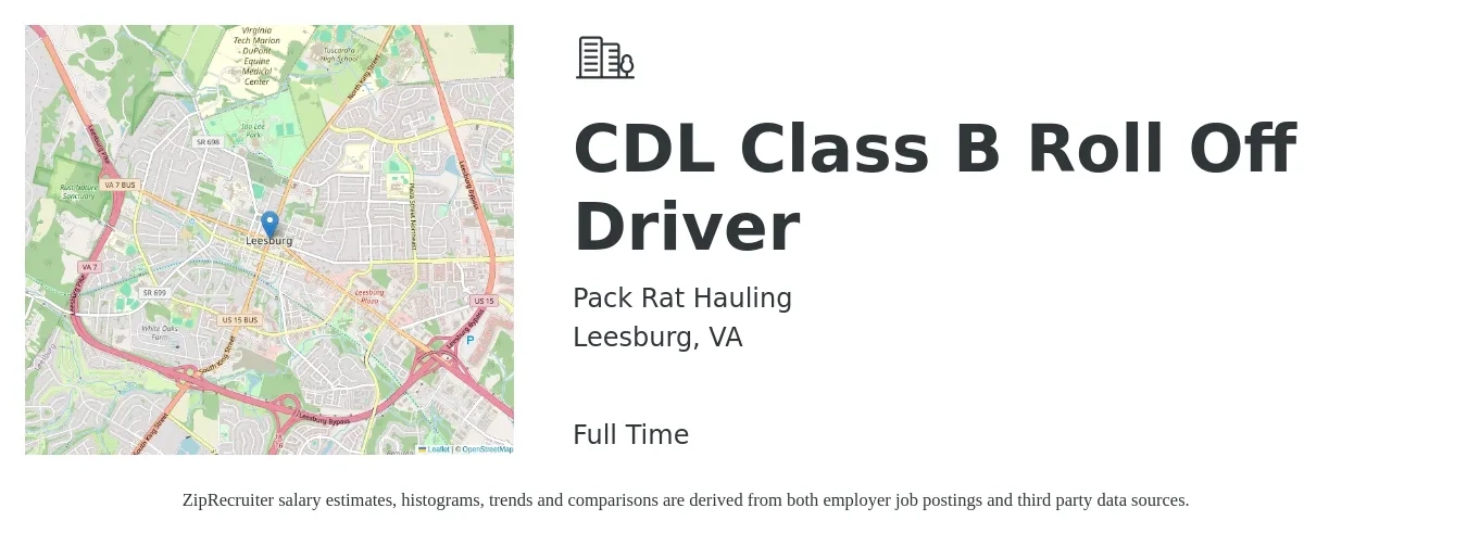 Pack Rat Hauling job posting for a CDL Class B Roll Off Driver in Leesburg, VA with a salary of $28 Hourly with a map of Leesburg location.