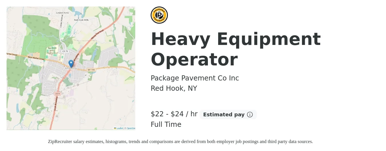 Package Pavement Co Inc job posting for a Heavy Equipment Operator in Red Hook, NY with a salary of $23 to $25 Hourly with a map of Red Hook location.