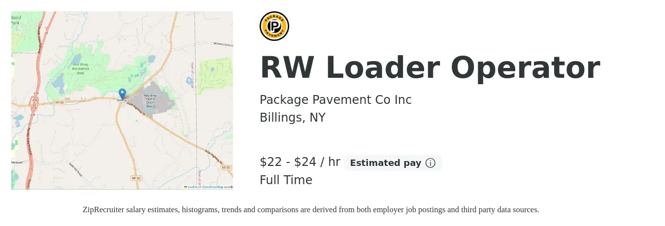 Package Pavement Co Inc job posting for a RW Loader Operator in Billings, NY with a salary of $23 to $25 Hourly with a map of Billings location.