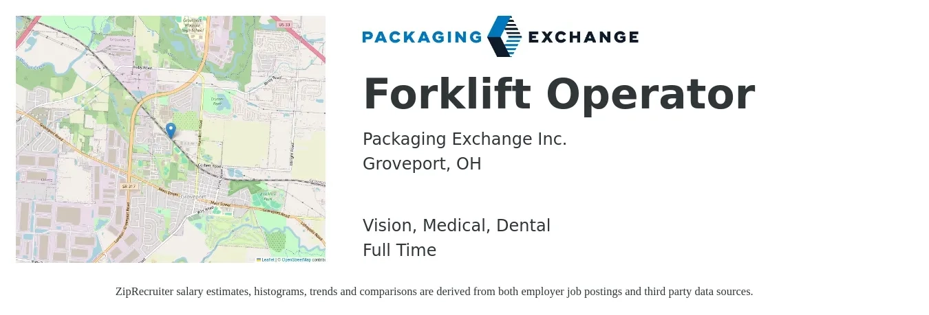 Packaging Exchange Inc. job posting for a Forklift Operator in Groveport, OH with a salary of $16 to $20 Hourly and benefits including dental, medical, retirement, and vision with a map of Groveport location.
