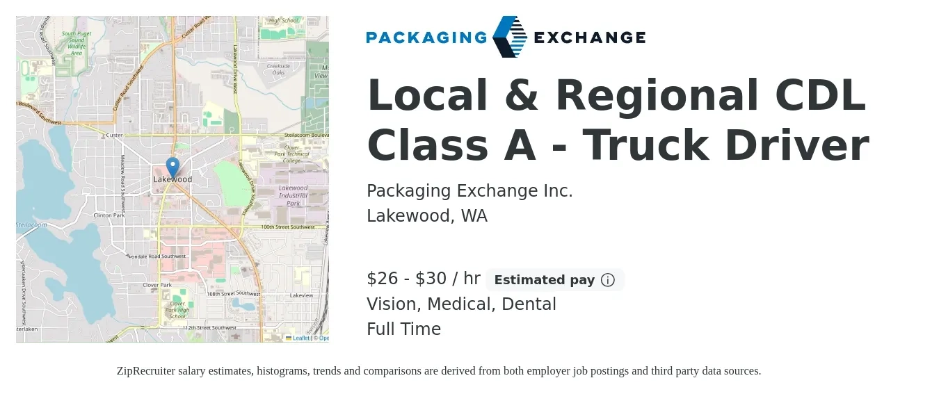 Packaging Exchange Inc. job posting for a Local & Regional CDL Class A - Truck Driver in Lakewood, WA with a salary of $28 to $32 Hourly and benefits including medical, pto, retirement, vision, and dental with a map of Lakewood location.