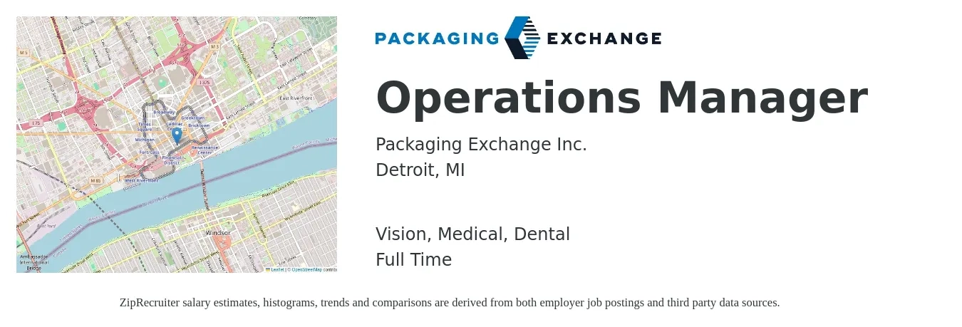 Packaging Exchange Inc. job posting for a Operations Manager in Detroit, MI with a salary of $40,600 to $76,700 Yearly and benefits including retirement, vision, dental, medical, and pto with a map of Detroit location.