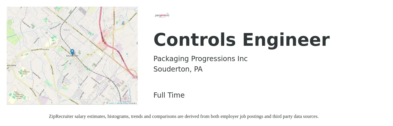 Packaging Progressions Inc job posting for a Controls Engineer in Souderton, PA with a salary of $84,300 to $109,000 Yearly with a map of Souderton location.