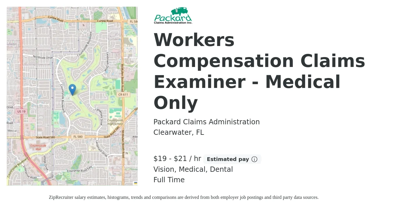 Packard Claims Administration job posting for a Workers Compensation Claims Examiner - Medical Only in Clearwater, FL with a salary of $20 to $22 Hourly and benefits including retirement, vision, dental, life_insurance, and medical with a map of Clearwater location.