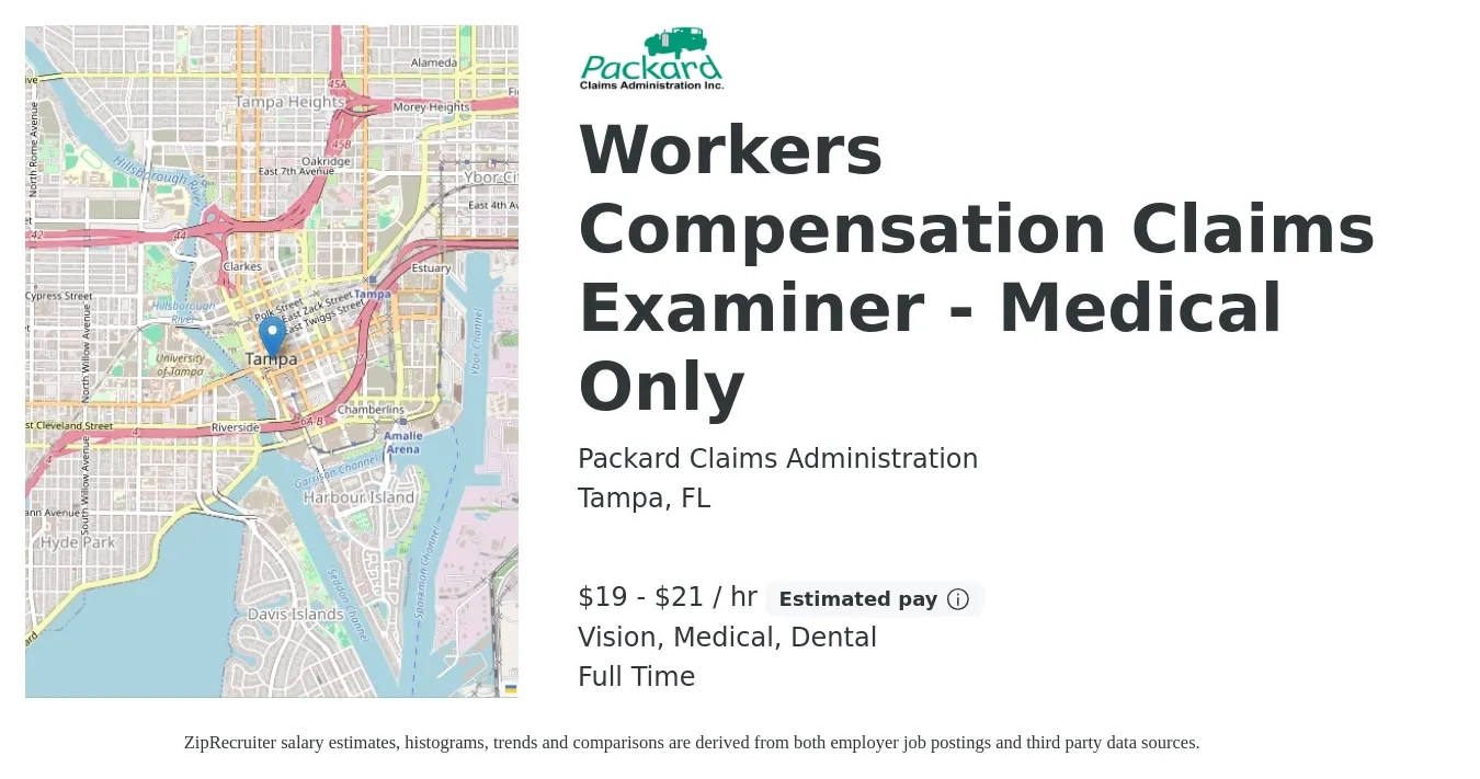 Packard Claims Administration job posting for a Workers Compensation Claims Examiner - Medical Only in Tampa, FL with a salary of $20 to $22 Hourly and benefits including dental, life_insurance, medical, retirement, and vision with a map of Tampa location.