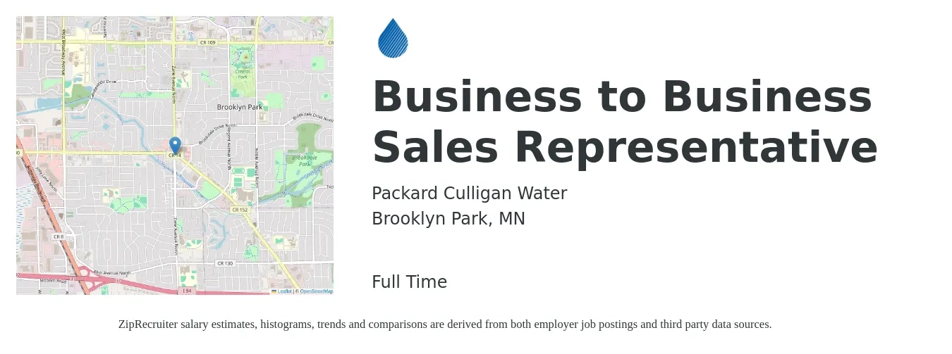Packard Culligan Water job posting for a Business to Business Sales Representative in Brooklyn Park, MN with a salary of $19 to $35 Hourly with a map of Brooklyn Park location.
