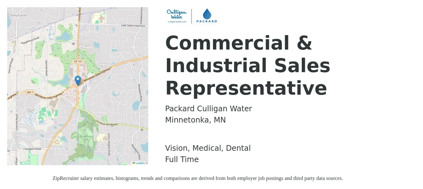 Packard Culligan Water job posting for a Commercial & Industrial Sales Representative in Minnetonka, MN with a salary of $60,000 to $80,000 Yearly with a map of Minnetonka location.