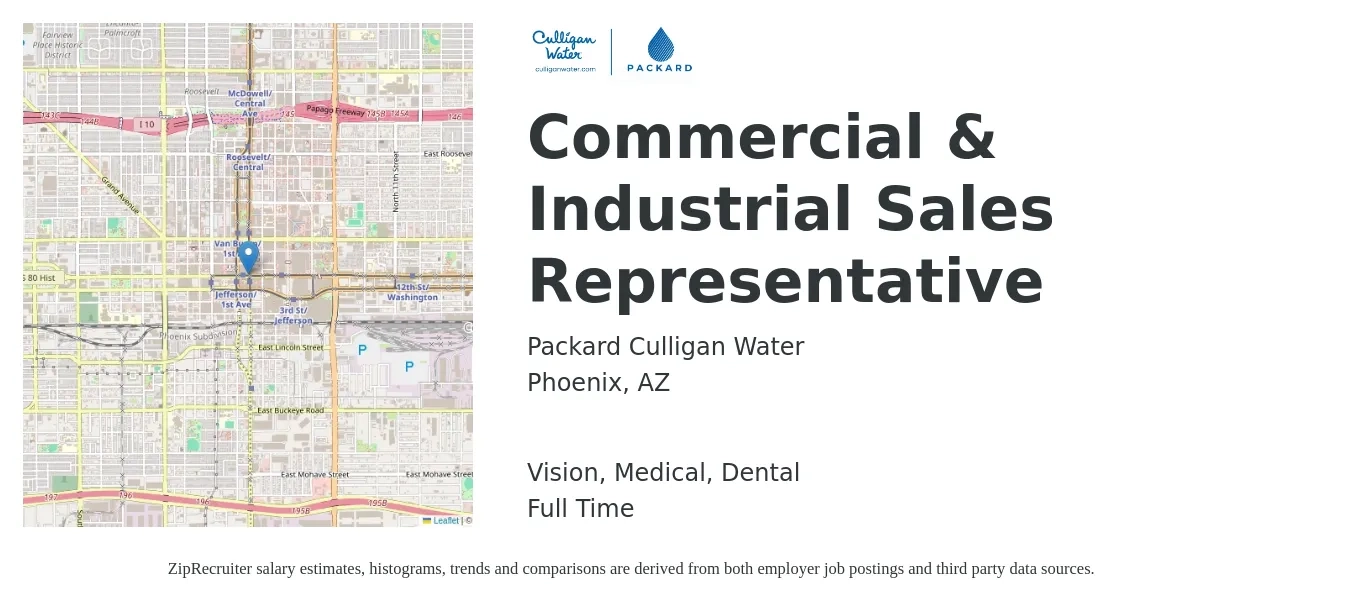 Packard Culligan Water job posting for a Commercial & Industrial Sales Representative in Phoenix, AZ with a salary of $60,000 to $80,000 Yearly with a map of Phoenix location.
