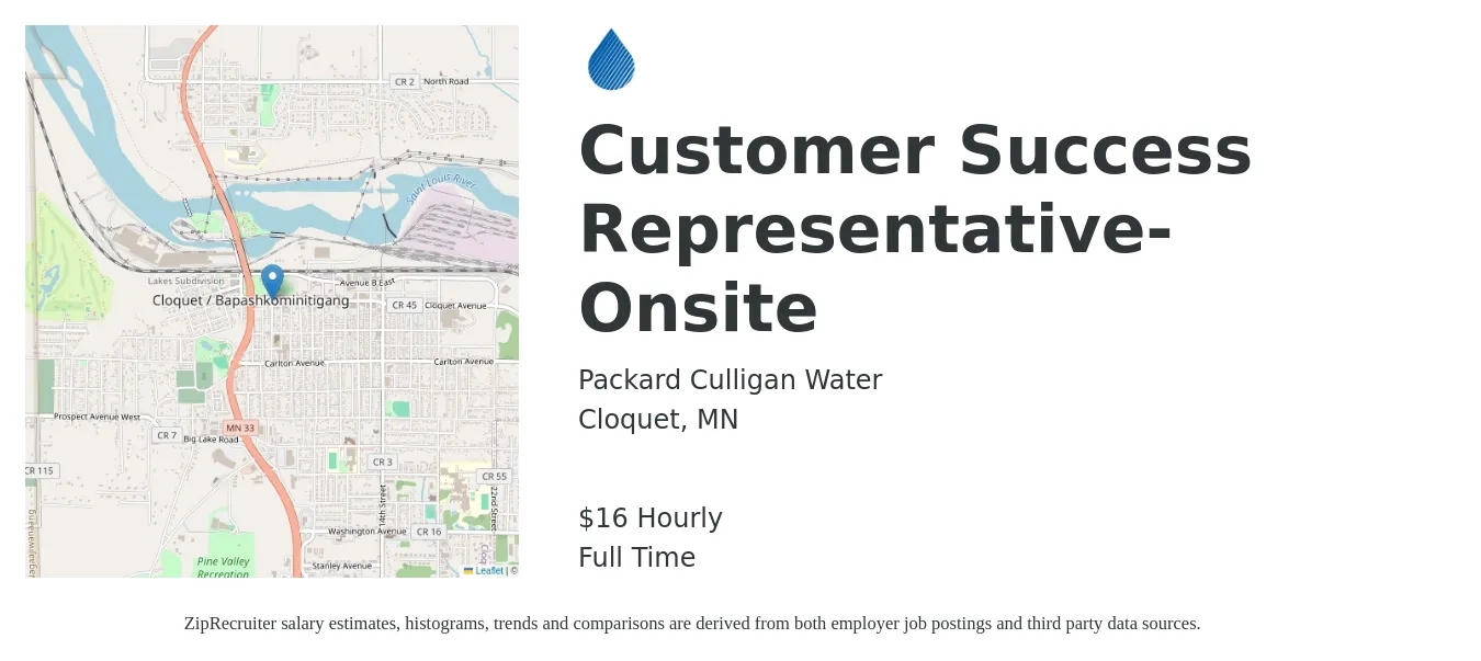 Packard Culligan Water job posting for a Customer Success Representative- Onsite in Cloquet, MN with a salary of $17 to $18 Hourly with a map of Cloquet location.