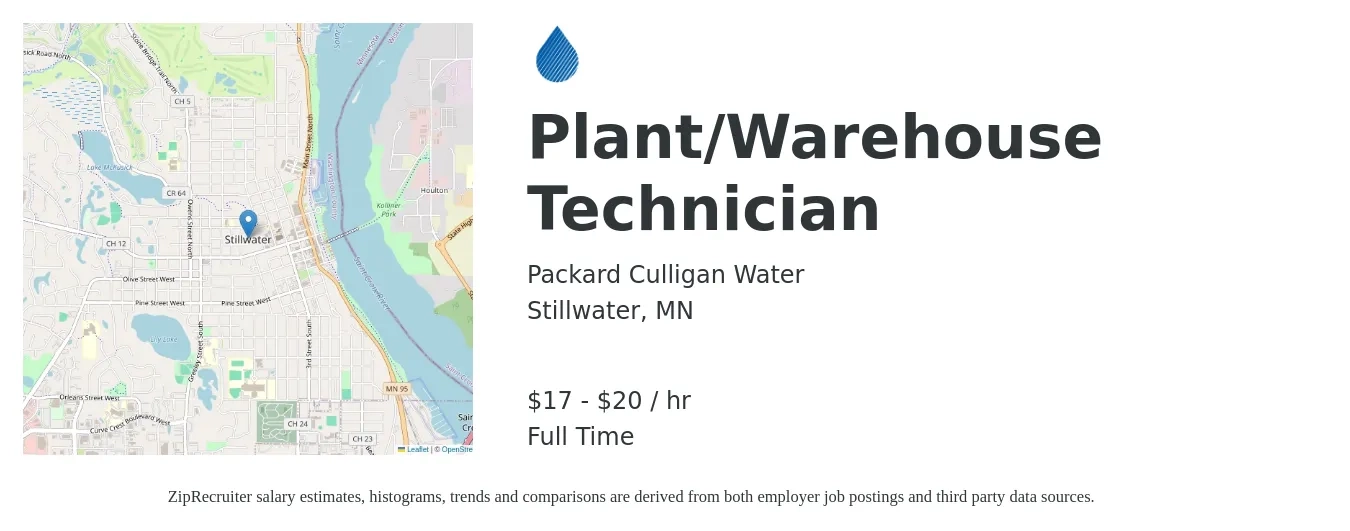 Packard Culligan Water job posting for a Plant/Warehouse Technician in Stillwater, MN with a salary of $18 to $21 Hourly with a map of Stillwater location.