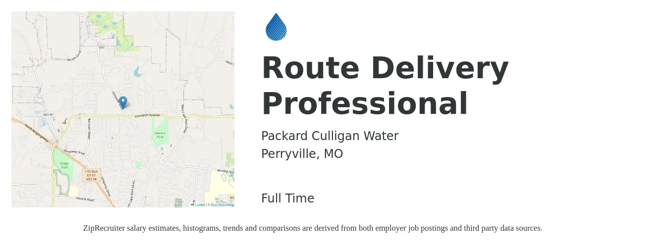 Packard Culligan Water job posting for a Route Delivery Professional in Perryville, MO with a salary of $15 to $18 Hourly with a map of Perryville location.