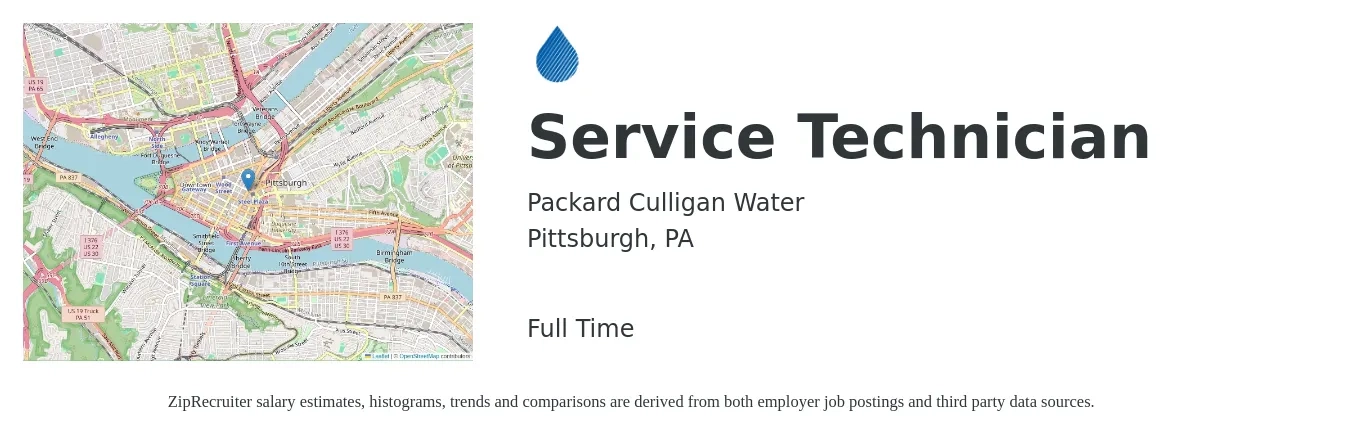 Packard Culligan Water job posting for a Service Technician in Pittsburgh, PA with a salary of $20 to $27 Hourly with a map of Pittsburgh location.