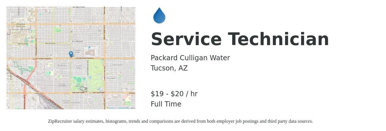 Packard Culligan Water job posting for a Service Technician in Tucson, AZ with a salary of $20 to $21 Hourly with a map of Tucson location.