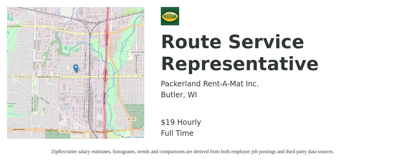 Packerland Rent-A-Mat Inc. job posting for a Route Service Representative in Butler, WI with a salary of $20 Hourly with a map of Butler location.