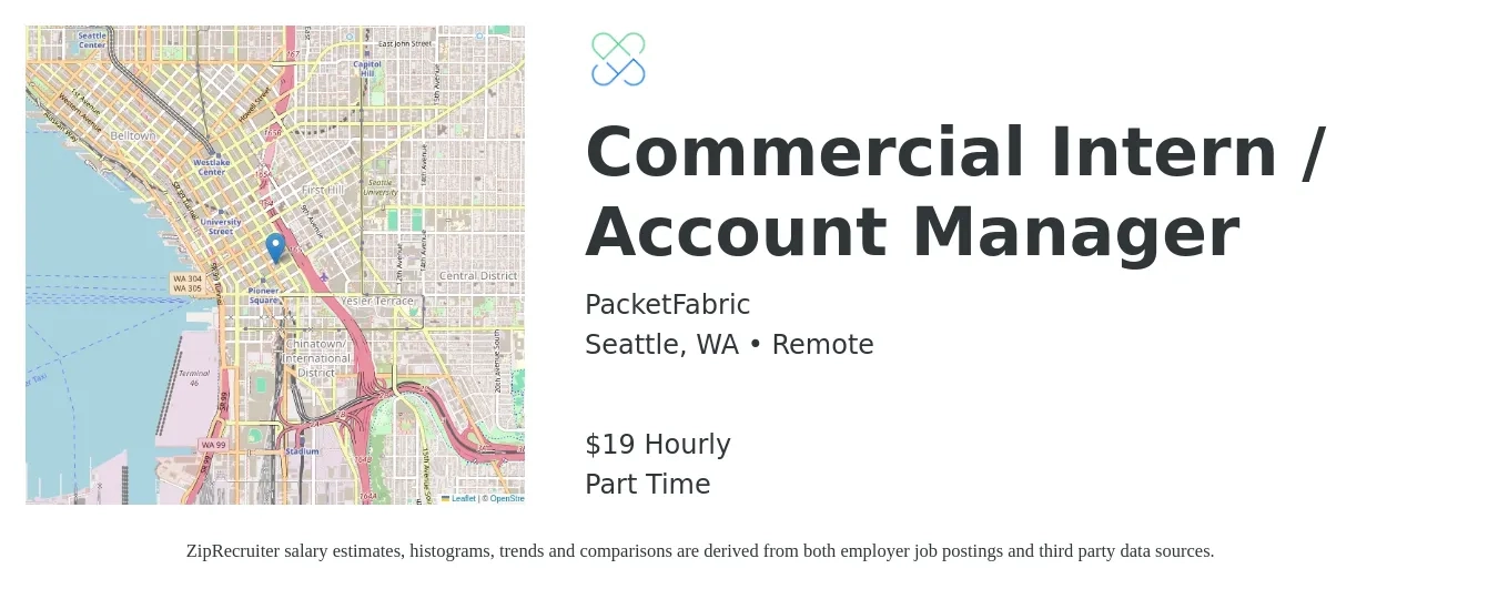 PacketFabric job posting for a Commercial Intern / Account Manager in Seattle, WA with a salary of $63,200 to $91,600 Yearly with a map of Seattle location.