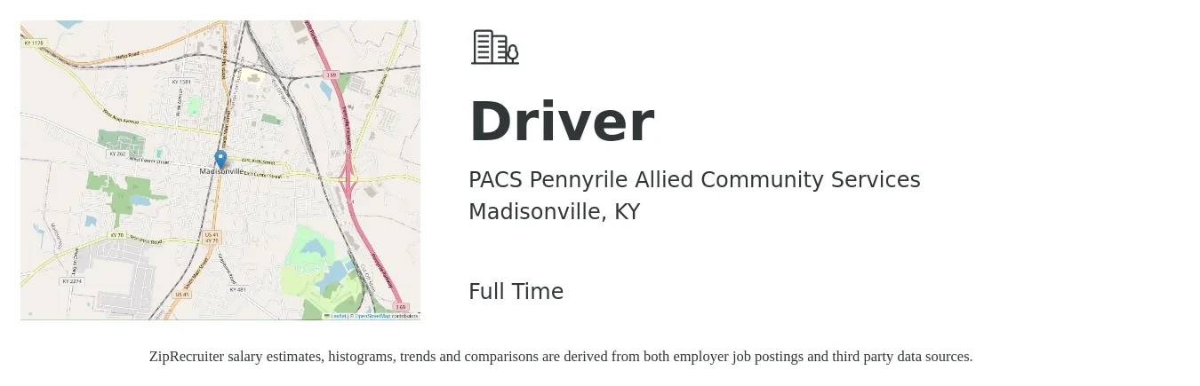 PACS Pennyrile Allied Community Services job posting for a Driver in Madisonville, KY with a salary of $14 to $20 Hourly with a map of Madisonville location.