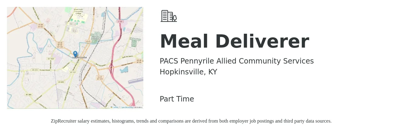 PACS Pennyrile Allied Community Services job posting for a Meal Deliverer in Hopkinsville, KY with a salary of $18 to $26 Hourly with a map of Hopkinsville location.