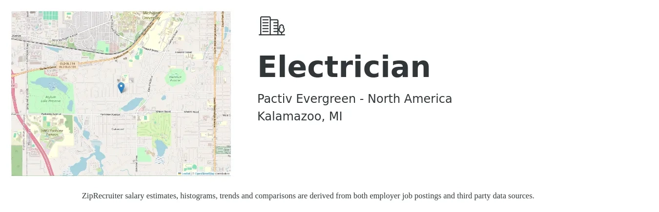 Pactiv Evergreen - North America job posting for a Electrician in Kalamazoo, MI with a salary of $35 Hourly with a map of Kalamazoo location.