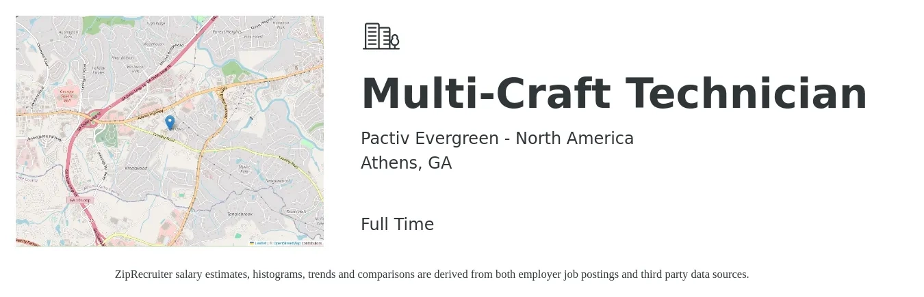 Pactiv Evergreen - North America job posting for a Multi-Craft Technician in Athens, GA with a salary of $27 to $33 Hourly with a map of Athens location.