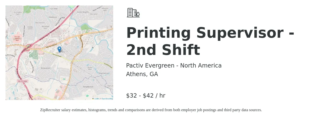 Pactiv Evergreen - North America job posting for a Printing Supervisor - 2nd Shift in Athens, GA with a salary of $34 to $45 Hourly with a map of Athens location.