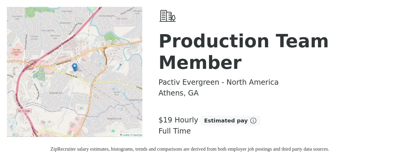 Pactiv Evergreen - North America job posting for a Production Team Member in Athens, GA with a salary of $20 Hourly with a map of Athens location.