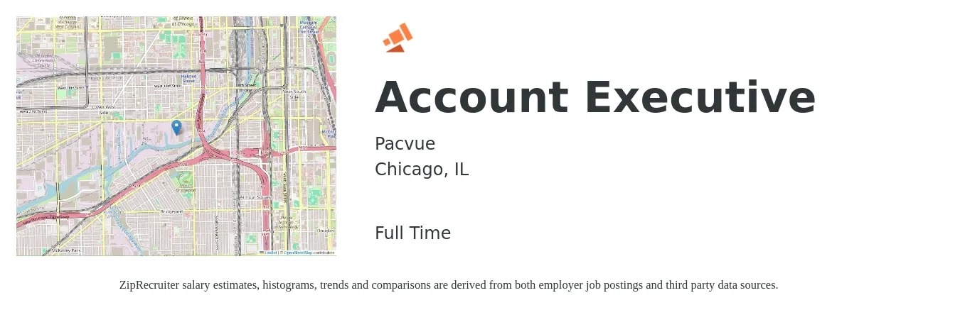 Pacvue job posting for a Account Executive in Chicago, IL with a salary of $55,600 to $97,900 Yearly with a map of Chicago location.