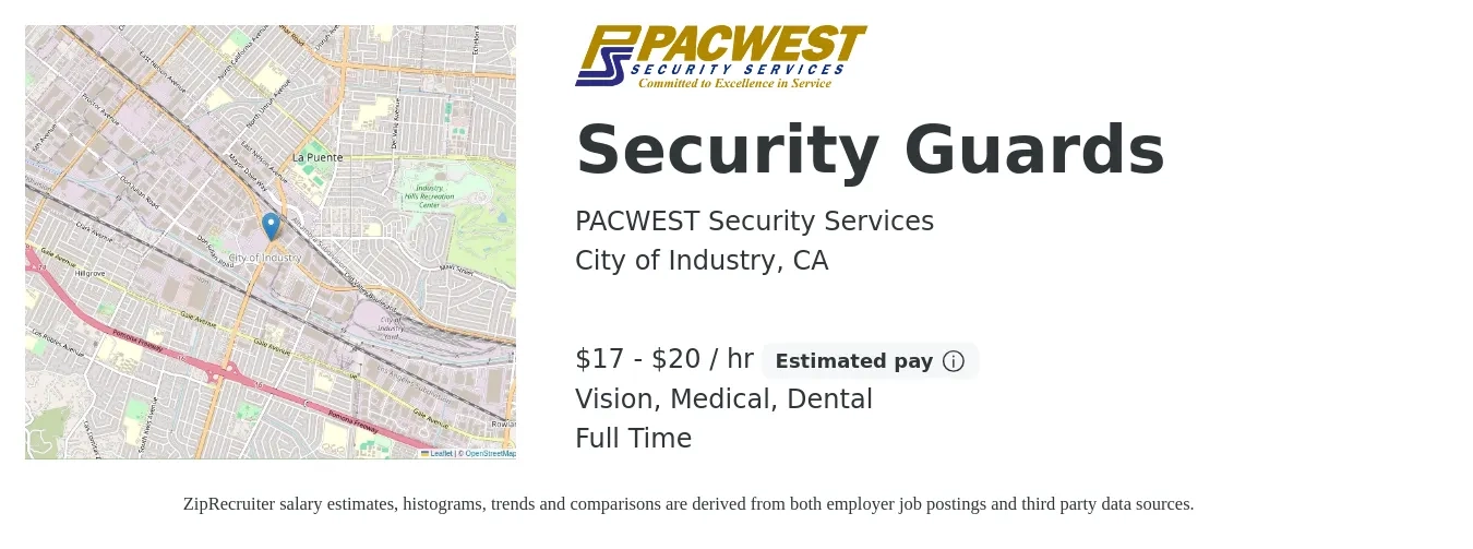 PACWEST Security Services job posting for a Security Guards in City of Industry, CA with a salary of $18 to $21 Hourly and benefits including vision, dental, and medical with a map of City of Industry location.