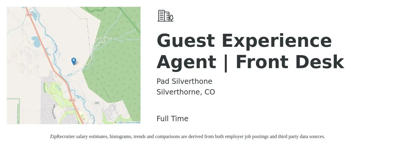 Pad Silverthone job posting for a Guest Experience Agent | Front Desk in Silverthorne, CO with a salary of $14 to $18 Hourly with a map of Silverthorne location.