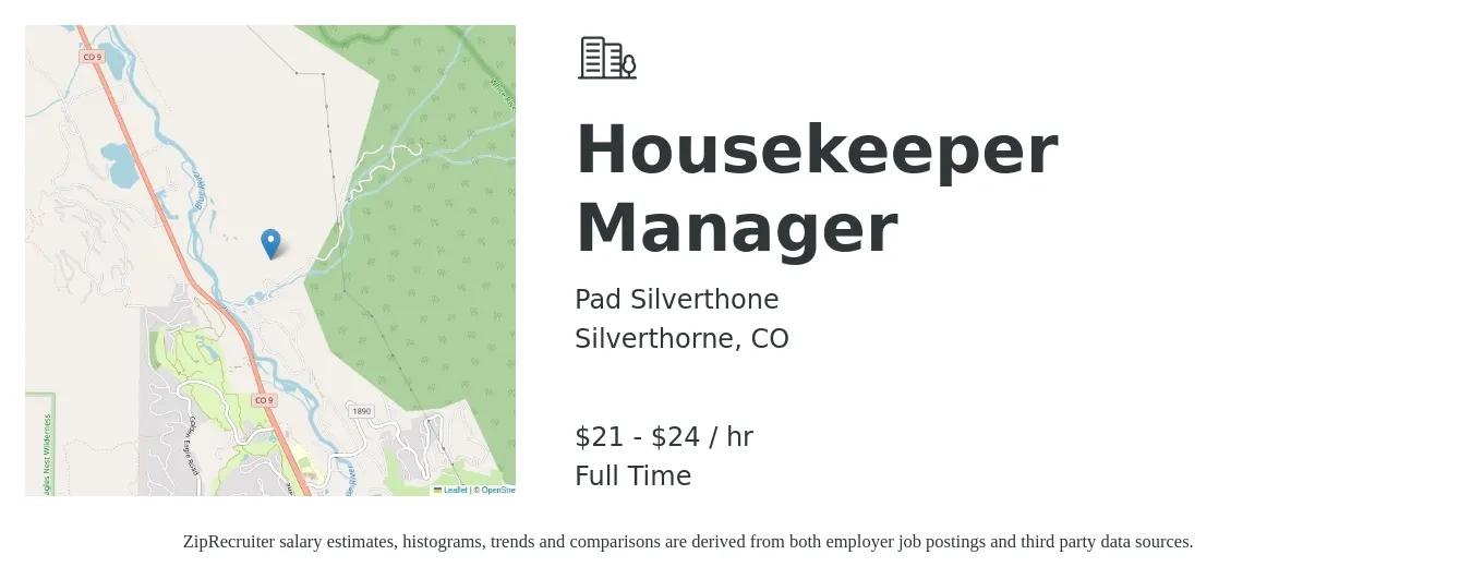 Pad Silverthone job posting for a Housekeeper Manager in Silverthorne, CO with a salary of $22 to $25 Hourly with a map of Silverthorne location.
