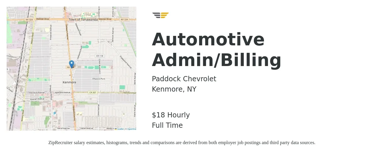 Paddock Chevrolet job posting for a Automotive Admin/Billing in Kenmore, NY with a salary of $19 Hourly with a map of Kenmore location.