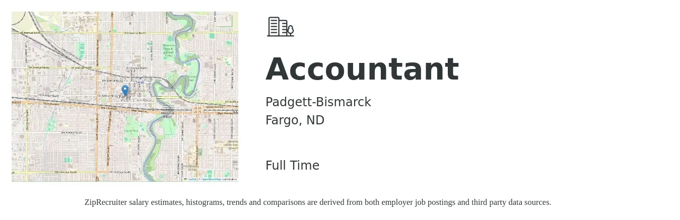 Padgett-Bismarck job posting for a Accountant in Fargo, ND with a salary of $52,500 to $77,100 Yearly with a map of Fargo location.
