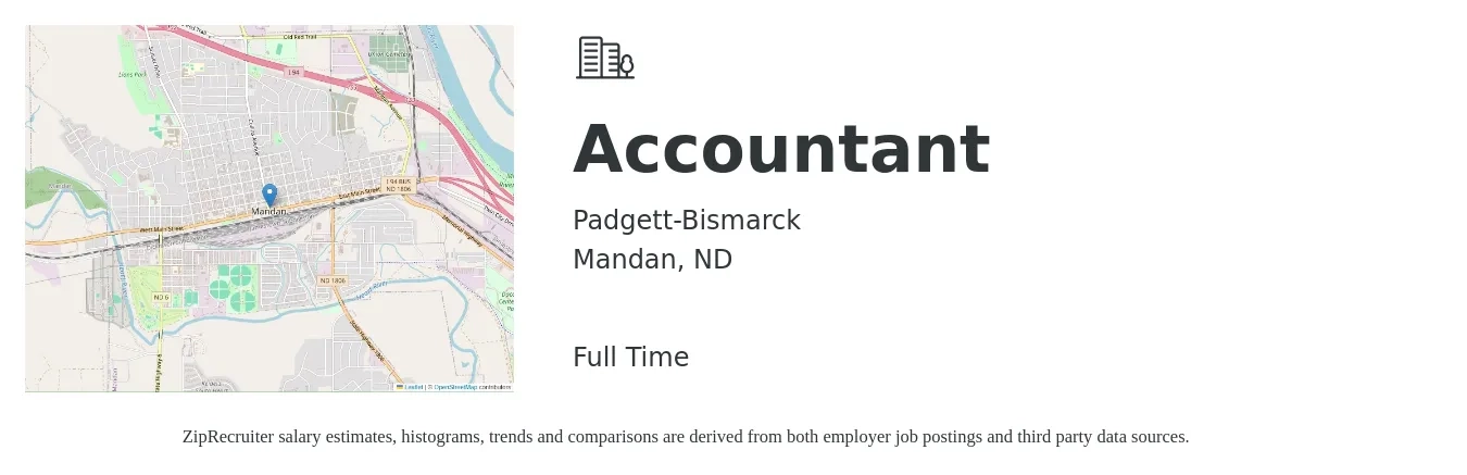 Padgett-Bismarck job posting for a Accountant in Mandan, ND with a salary of $50,100 to $73,500 Yearly with a map of Mandan location.