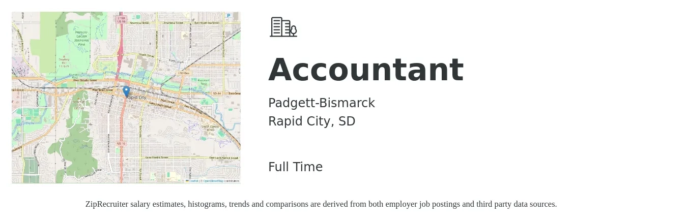 Padgett-Bismarck job posting for a Accountant in Rapid City, SD with a salary of $52,800 to $77,500 Yearly with a map of Rapid City location.