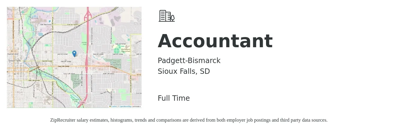 Padgett-Bismarck job posting for a Accountant in Sioux Falls, SD with a salary of $53,200 to $78,100 Yearly with a map of Sioux Falls location.