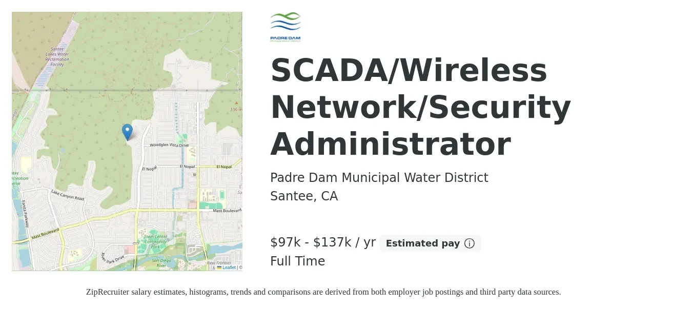 Padre Dam Municipal Water District job posting for a SCADA/Wireless Network/Security Administrator in Santee, CA with a salary of $97,323 to $137,738 Yearly with a map of Santee location.