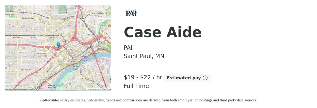 PAI job posting for a Case Aide in Saint Paul, MN with a salary of $20 to $23 Hourly with a map of Saint Paul location.