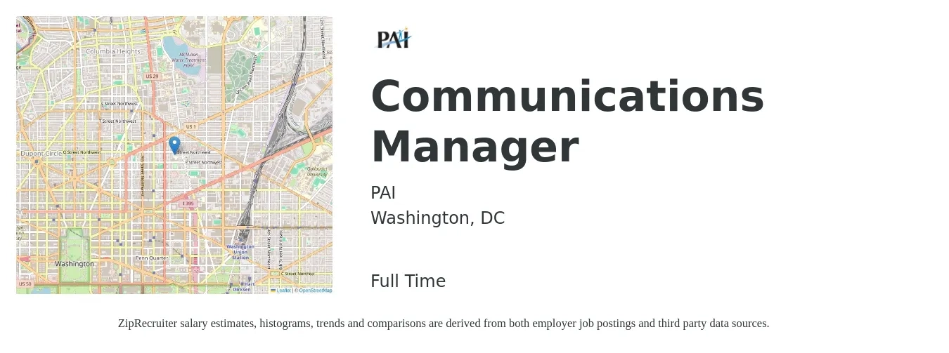 PAI job posting for a Communications Manager in Washington, DC with a salary of $65,000 to $85,000 Yearly with a map of Washington location.