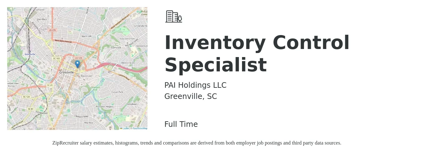 PAI Holdings LLC job posting for a Inventory Control Specialist in Greenville, SC with a salary of $16 to $21 Hourly with a map of Greenville location.