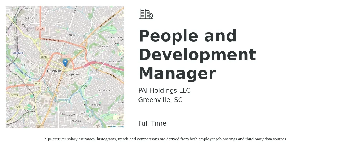 PAI Holdings LLC job posting for a People and Development Manager in Greenville, SC with a salary of $41,400 to $81,600 Yearly with a map of Greenville location.