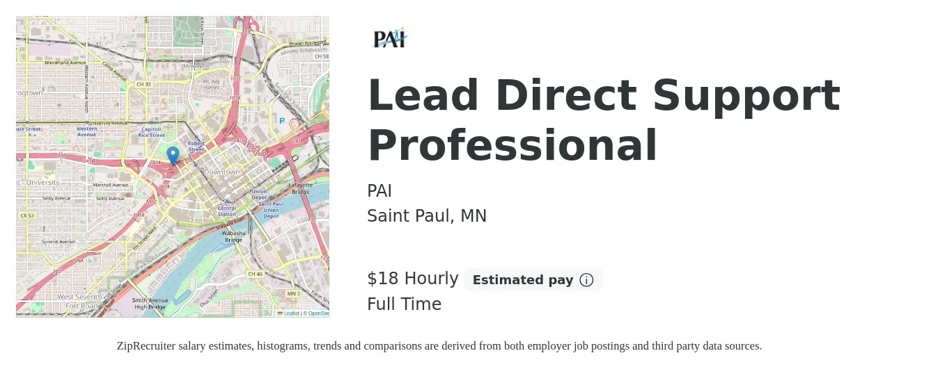 PAI job posting for a Lead Direct Support Professional in Saint Paul, MN with a salary of $19 to $19 Hourly with a map of Saint Paul location.
