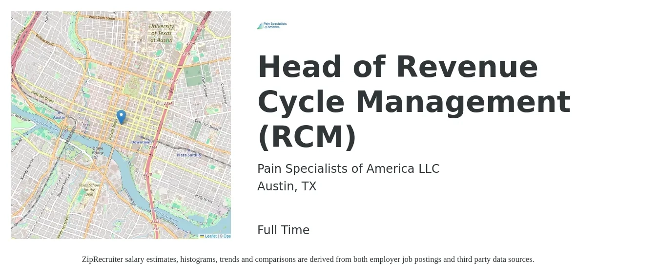 Pain Specialists of America LLC job posting for a Head of Revenue Cycle Management (RCM) in Austin, TX with a salary of $86,200 to $148,700 Yearly with a map of Austin location.