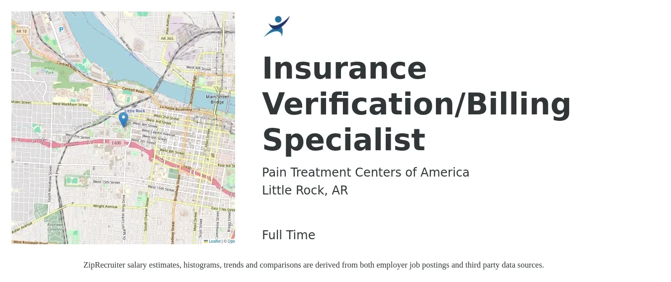 Pain Treatment Centers of America job posting for a Insurance Verification/Billing Specialist in Little Rock, AR with a salary of $14 to $17 Hourly with a map of Little Rock location.