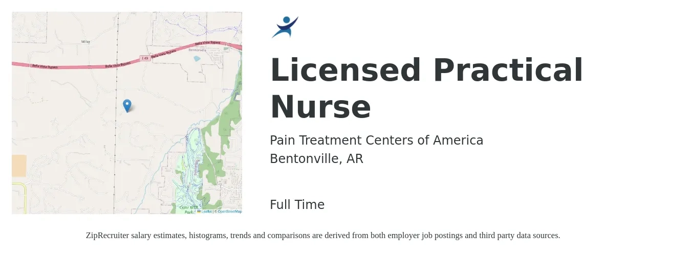 Pain Treatment Centers of America job posting for a Licensed Practical Nurse in Bentonville, AR with a salary of $22 to $30 Hourly with a map of Bentonville location.
