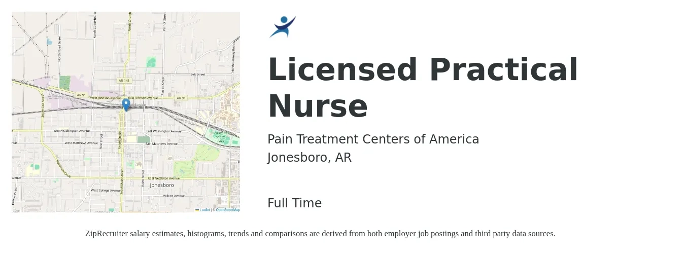 Pain Treatment Centers of America job posting for a Licensed Practical Nurse in Jonesboro, AR with a salary of $22 to $30 Hourly with a map of Jonesboro location.