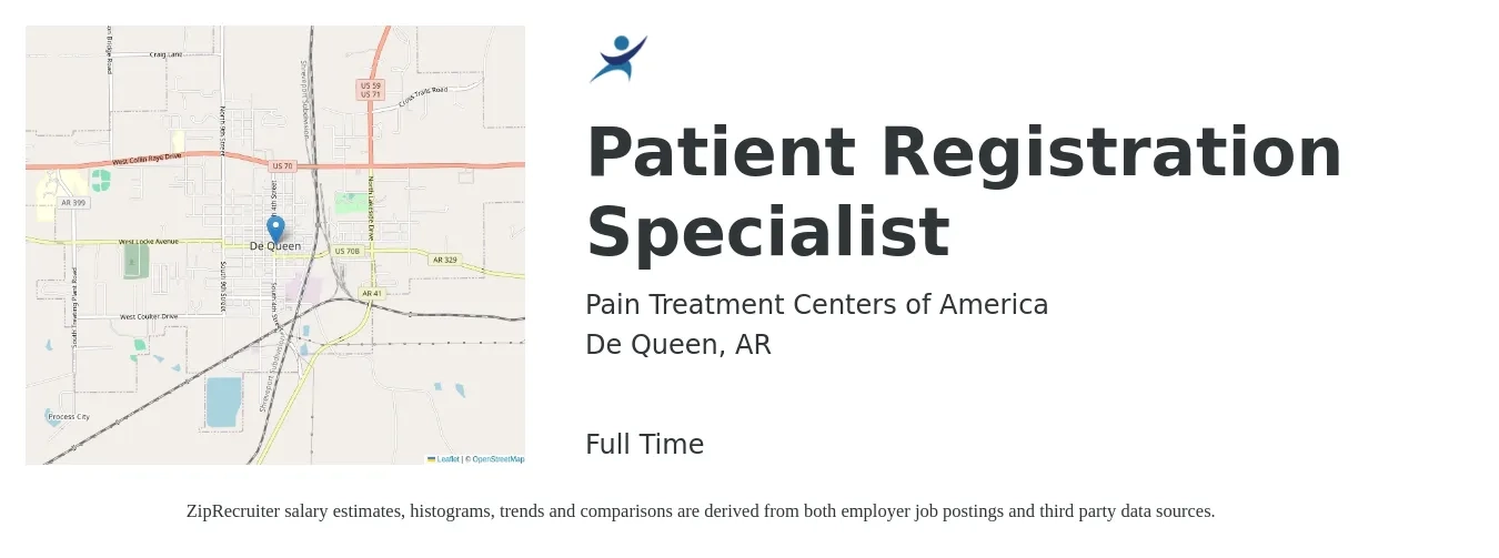 Pain Treatment Centers of America job posting for a Patient Registration Specialist in De Queen, AR with a salary of $17 to $23 Hourly with a map of De Queen location.