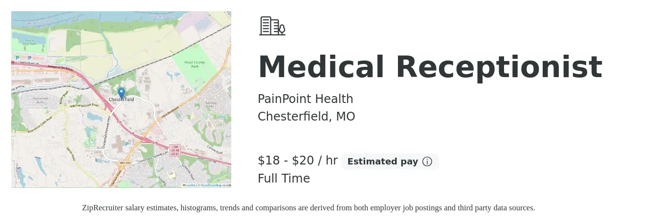 PainPoint Health job posting for a Medical Receptionist in Chesterfield, MO with a salary of $19 to $21 Hourly with a map of Chesterfield location.