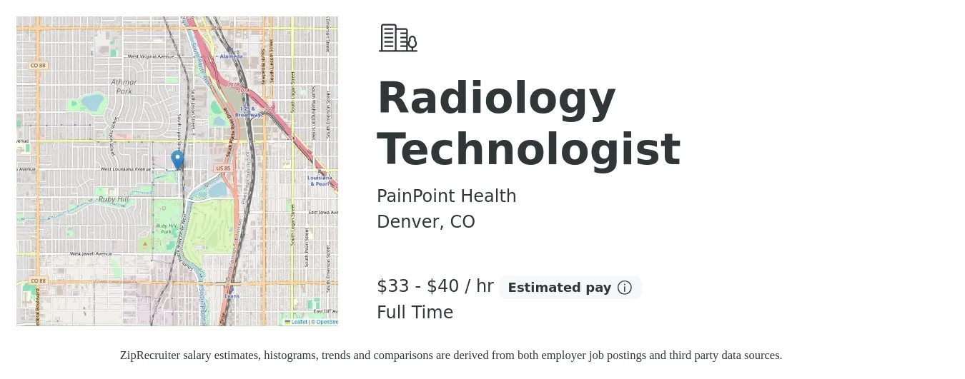 PainPoint Health job posting for a Radiology Technologist in Denver, CO with a salary of $35 to $42 Hourly with a map of Denver location.