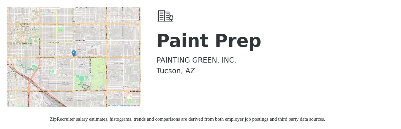 PAINTING GREEN, INC. job posting for a Paint Prep in Tucson, AZ with a salary of $17 to $23 Hourly with a map of Tucson location.