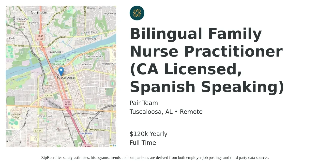 Pair Team job posting for a Bilingual Family Nurse Practitioner (CA Licensed, Spanish Speaking) in Tuscaloosa, AL with a salary of $120,000 Yearly with a map of Tuscaloosa location.